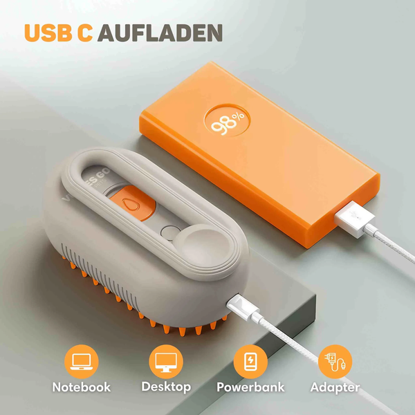 Elektrische Haustierbürste mit USB C Ladefunktion verbunden mit einer Powerbank und Icons für verschiedene Stromquellen.