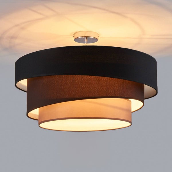 Lindby Textil Deckenleuchte rund 3 flammig, Ringe Deckenlampe Stoff Schwarz Braun Grau 3x E27 max. 60W ohne Leuchtmittel Schlafzimmerleuchte