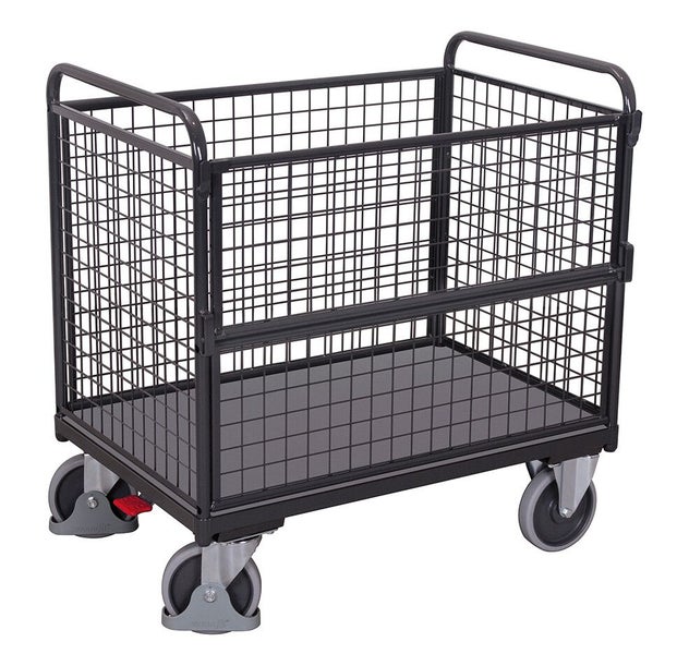 Gitterwagen aus Metall mit vier Rollen und zwei Schiebegriffen.