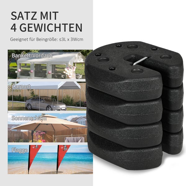 Satz mit 4 schwarzen, U-förmigen Standfußgewichten aus Kunststoff für Pavillons, Carports, Sonnenschirme und Flaggen.