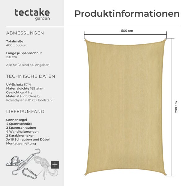 Produktinformationen zu einem Sonnensegel mit den Maßen 500 cm x 700 cm, inklusive Zubehör