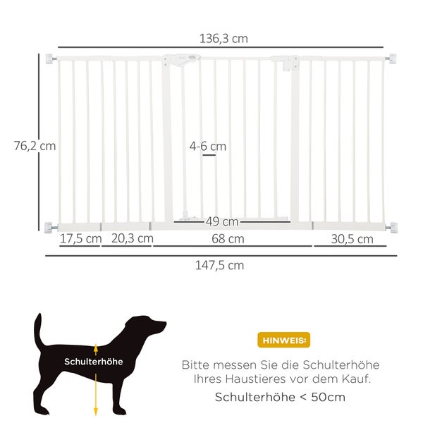 PawHut Türschutzgitter Hunde, Absperrgitter, 74-147,5 cm, Treppenschutzgitter für Haustier, Hundegitter inkl. 3 verschiedene Verlängerungen, Schutzgitter ohne Bohren, Metall, Kunststoff, Weiß