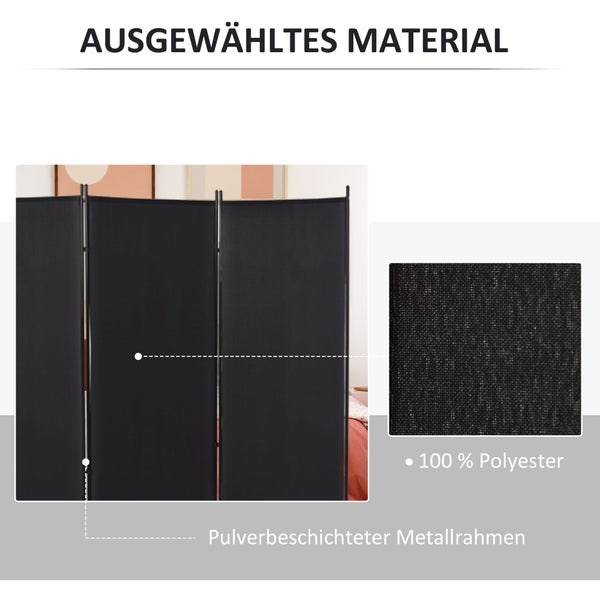 Schwarzer dreiteiliger Raumteiler aus einhundert Prozent Polyester und einem pulverbeschichteten Metallrahmen.