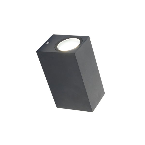 Rechteckige Außenwandleuchte aus schwarzem Metall mit runder Lichtaustrittsöffnung.