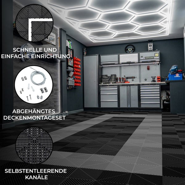 Belüftete Garagenbodenfliesen und sechseckige LED-Leuchten 90 Schwarze x 30 Graue - mit Kanten