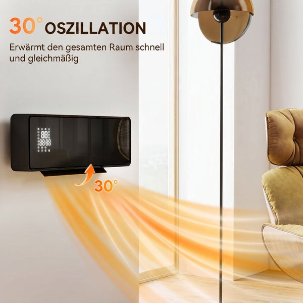 Wandheizlüfter mit 30 Grad Oszillationsfunktion zur schnellen und gleichmäßigen Raumbeheizung mit digitalem Display.