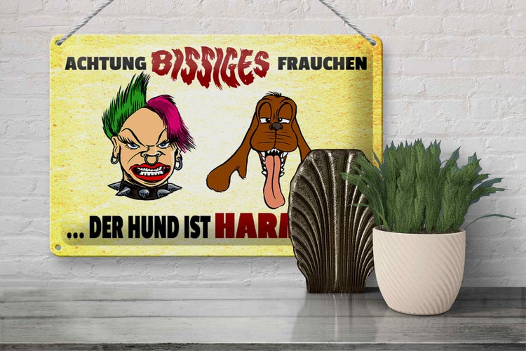 Blechschild Spruch 30x20cm Achtung bissiges Frauchen Hund