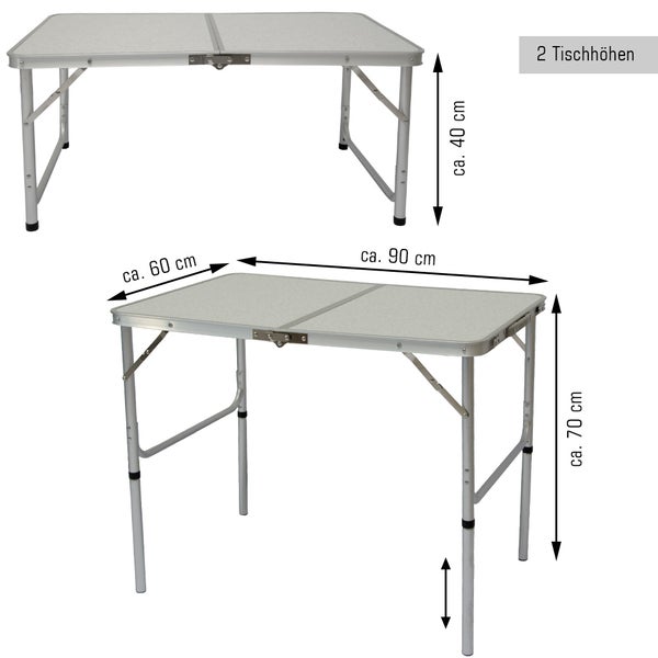 AMANKA klappbarer höhenverstellbarer Campingtisch 90x60x70 cm inkl. 2 Falthocker Campingtischset Kofferformat Hell Grau