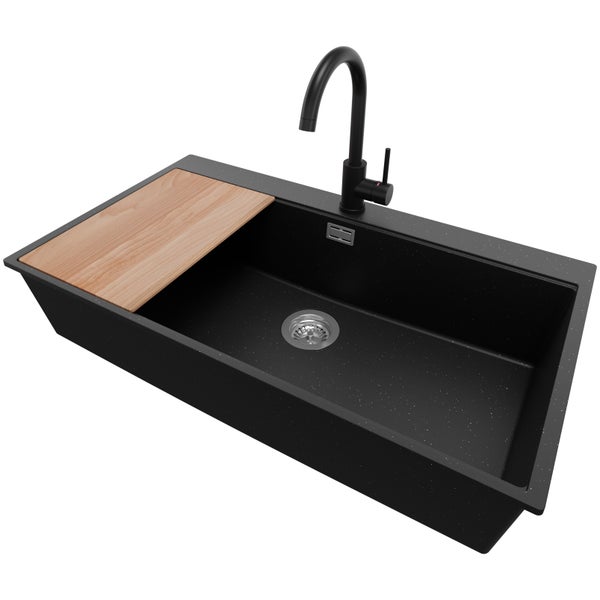 PRIMAGRAN Granitspüle Schwarz Metallic 88x50cm, Spülbecken 1 Becken + Küchenarmatur 32x20cm + Ablauf-Set + Schneidebrett, Küchenspüle ab 90er Unterschrank - Oslo