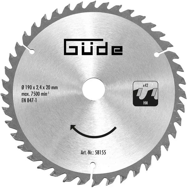 Güde Kreissägeblatt Hartmetall, Durchmesser 190 Millimeter, Bohrung 20 Millimeter, 42 Zähne.