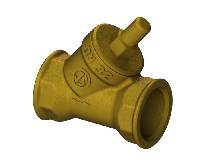 Schrägsitzventil aus Messing, Nennweite 32, mit Innengewinde und Pfeil für die Fließrichtung.