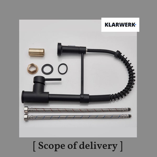 Lieferumfang: Klarwerk Küchenarmatur mit Spiralfeder, zwei Anschlussschläuche und Montageset. Klarwerk Logo.