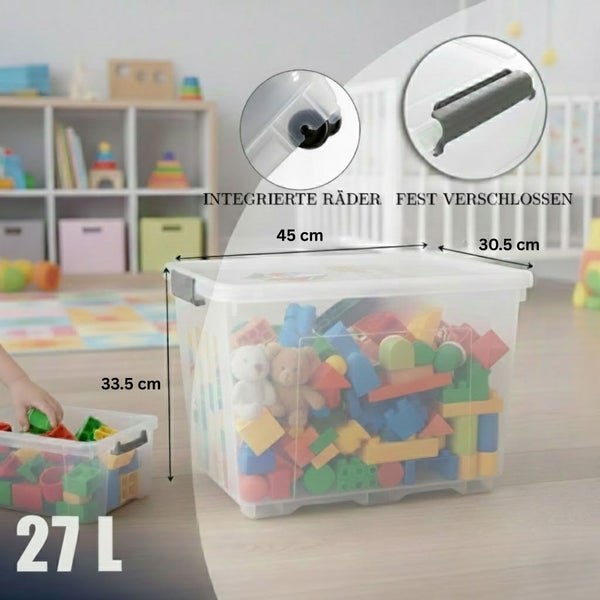 Transparente Aufbewahrungsbox mit Deckel, Rollen und Spielzeug