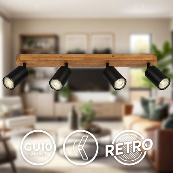 Deckenstrahler vierflammig aus Holz und Metall in einem hellen Wohnzimmer, verstellbare Spots, GU10 Fassung, Retro Design.