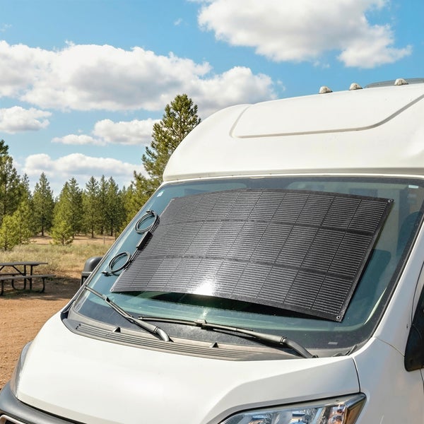 Flexibles Solarpanel auf der Frontscheibe eines Wohnmobils im Freien.
