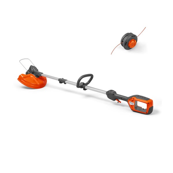 Husqvarna Akku-Rasentrimmer mit Trimmerkopf, grau-orange.