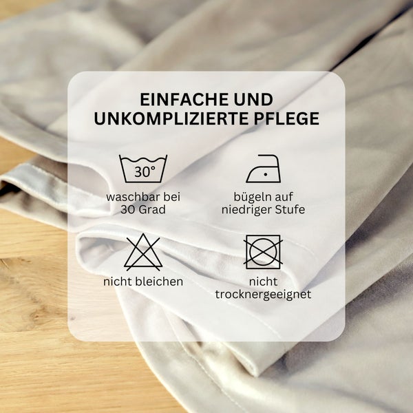 Pflegehinweise: waschbar bei 30 Grad, bügeln auf niedriger Stufe, nicht bleichen, nicht trocknergeeignet
