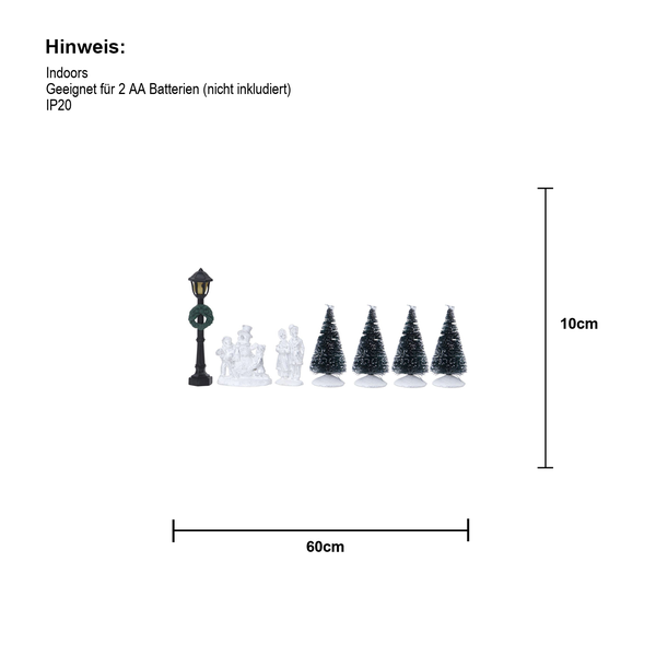 Weihnachtsdorf-Szene mit Figuren, Strassenlaterne und Tannenbäumen, geeignet für Innenräume