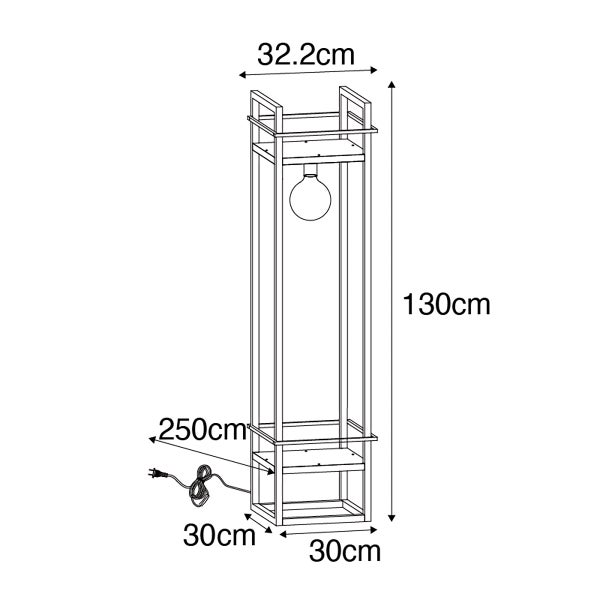Technische Zeichnung einer 130 cm hohen Stehlampe mit den Maßen 32,2 cm, 30 cm und einer Kabellänge von 250 cm.