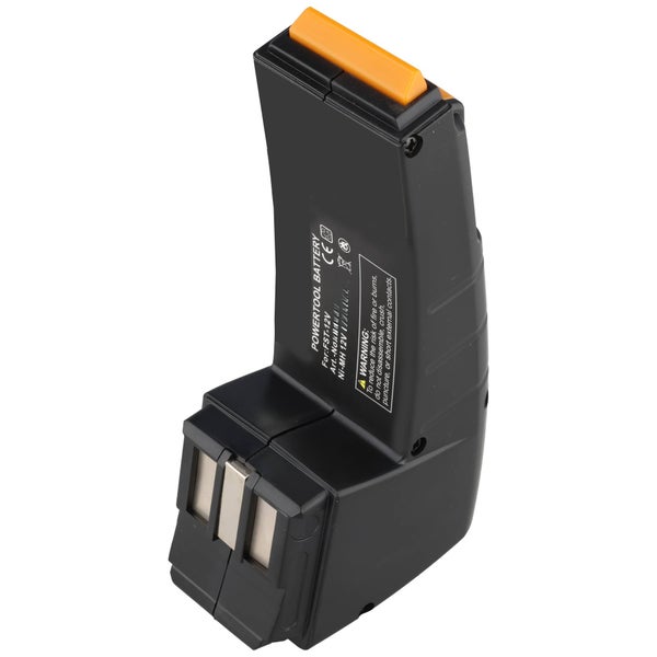 Ersatzakku für Elektrowerkzeuge, 12 Volt Nickel-Metallhydrid, Schwarz mit orangefarbenen Tasten.