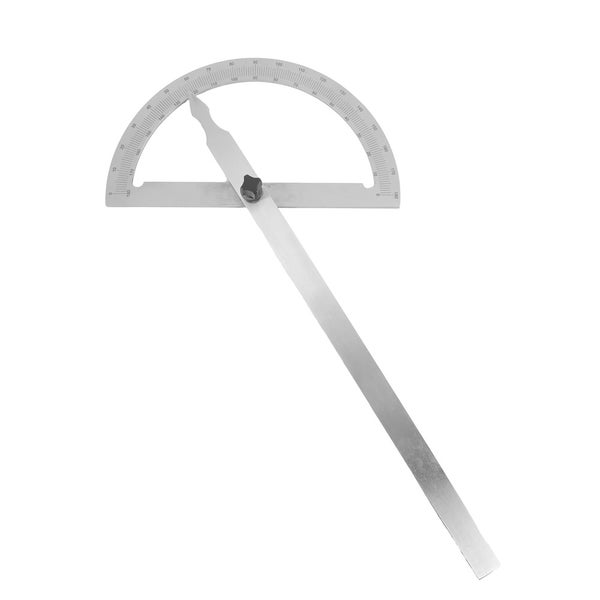 Gradmesser aus Metall mit verstellbarem Schenkel und einer Skala von 0 bis 180 Grad.