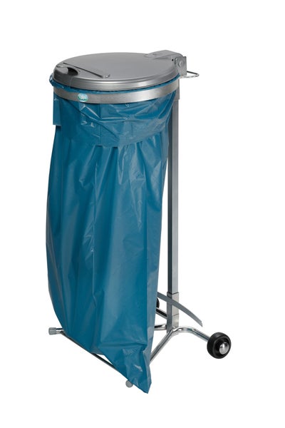 PROREGAL Robuster Einzel Abfallsammler Mit Kunststoff Deckel Mit Standfuß 2 Rollen 35 cm Einwurföffnung HxBxT 98 x 45 x 37,5 cm Stahl Verzinkt Silber