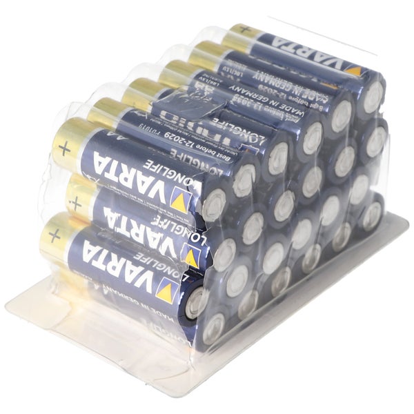 Packung mit Varta Longlife Alkaline AA-Batterien.