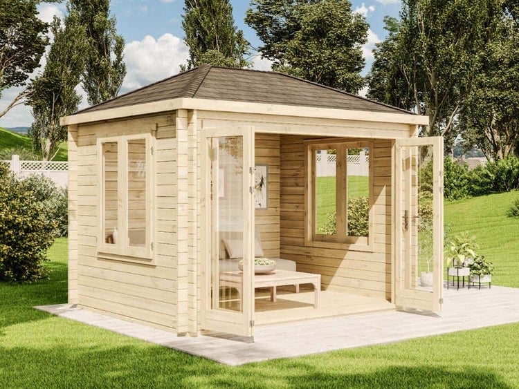 Alpholz Gartenhaus Summertime-40 mit großer Falttür Gartenhaus aus Holz in natur, Holzhaus mit 40 mm Wandstärke, Blockbohlenhaus mit Montagematerial imprägniert