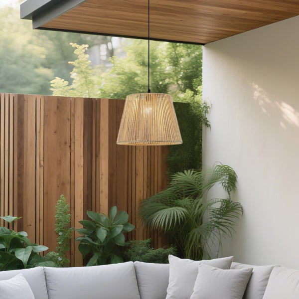 Pendelleuchte mit Schirm aus Holzlamellen im Außenbereich auf einer Terrasse mit Holzdecke, Pflanzen und Sofa.
