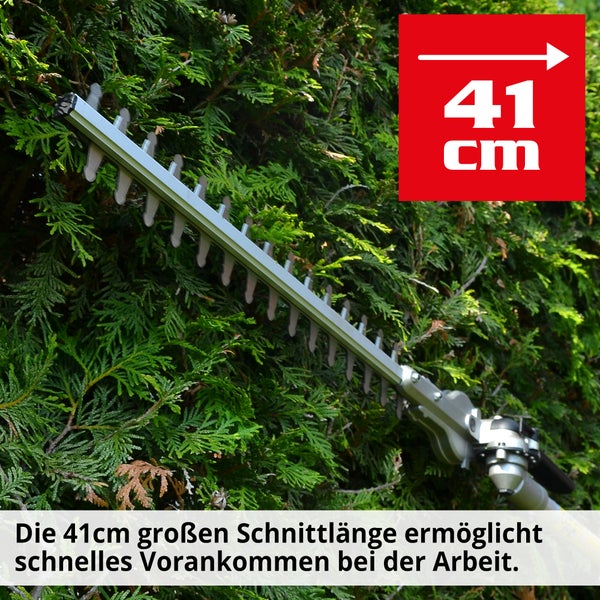 Heckenschere mit 41 Zentimeter Schnittlänge vor grüner Hecke