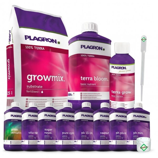 Plagron Set für die Pflanzenzucht mit Growmix Substrat, Terra Bloom und Terra Grow Dünger sowie verschiedenen Universal Additiven.