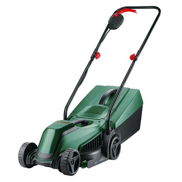 Bosch Elektro-Rasenmäher in Grün und Schwarz mit Fangkorb und Führungsholm.