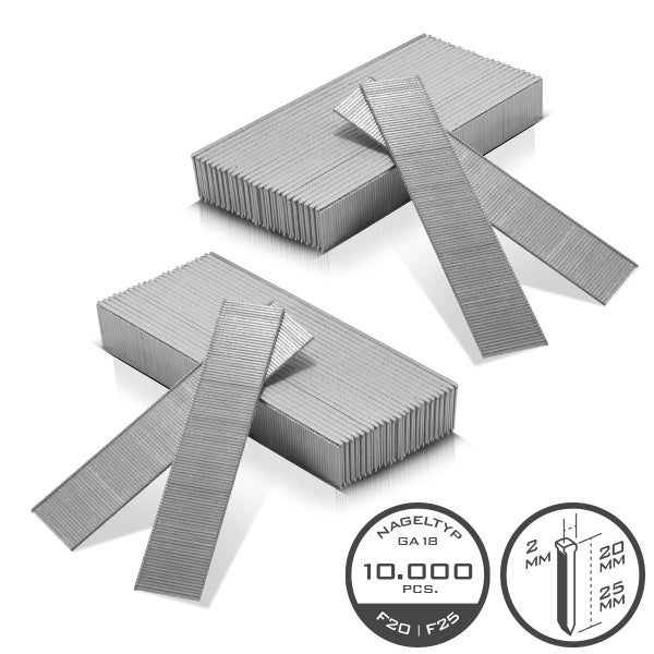 Stiftnägel Typ GA 18, 10000 Stück, Längen 20 Millimeter und 25 Millimeter, Kopfbreite 2 Millimeter.