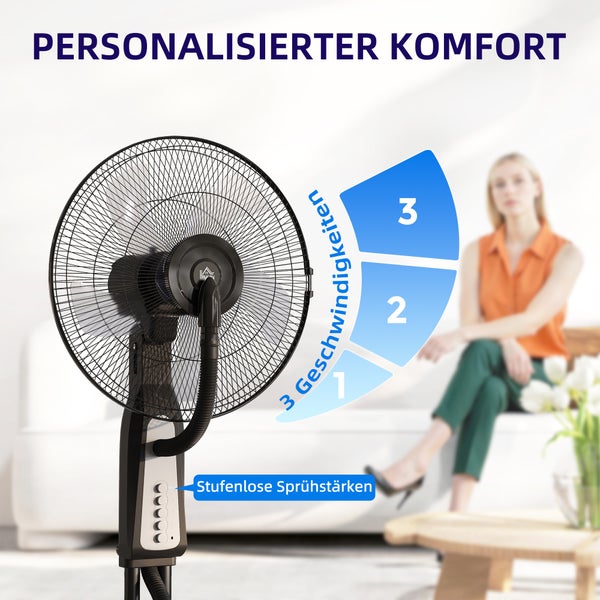 Homcom Standventilator mit Sprühnebel-Funktion, 3 Geschwindigkeitsstufen und stufenloser Einstellung der Sprühstärke.
