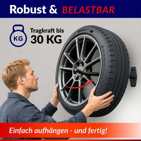 Mann montiert einen Autoreifen an einer Wandhalterung mit einer Tragkraft bis zu 30 Kilogramm.