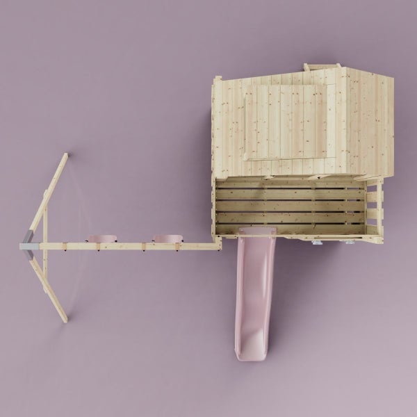 Draufsicht eines Spielhauses mit Rutsche und Schaukel aus Holz