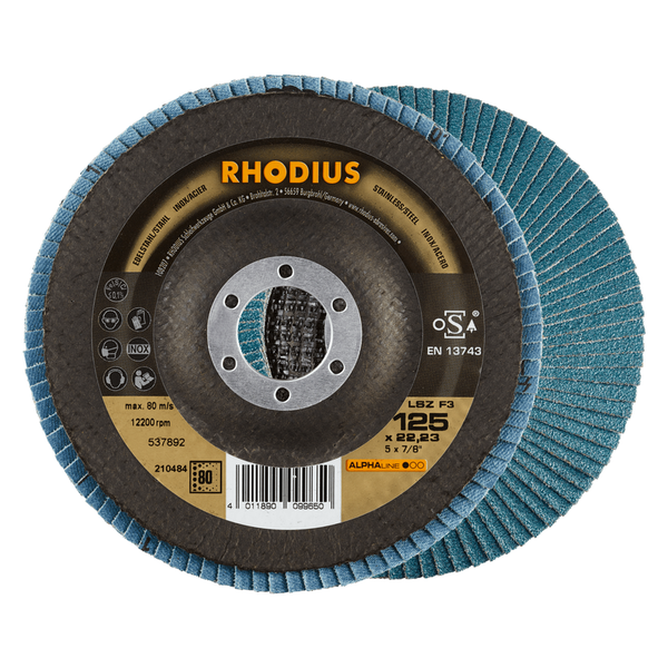 RHODIUS Fächerscheibe LSZ F3, 10 Stück, 125 x 22,23 mm, Korn 80, für Edelstahl, Stahl, Metall, ALPHAline