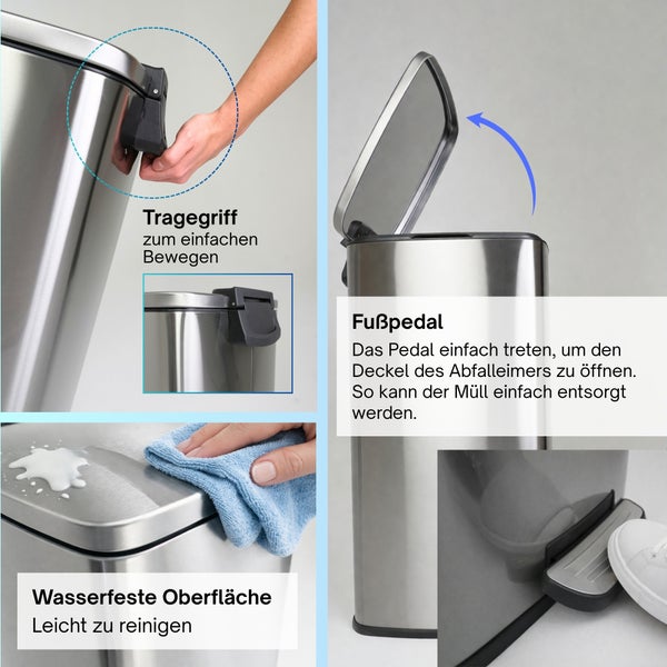 Edelstahl-Abfalleimer mit Tragegriff, Fußpedal zum Öffnen des Deckels und wasserfester Oberfläche zur einfachen Reinigung.