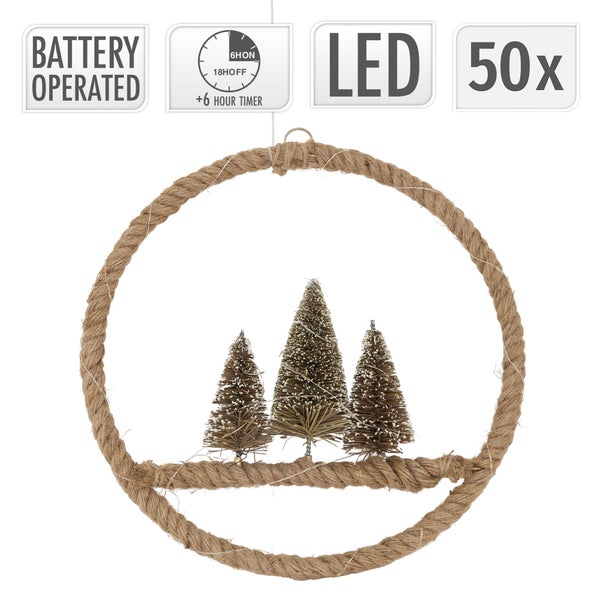 ECD Germany LED Jute Kranz Ø37cm mit 50 warmweißen LEDs, Deko Weihnachtskranz mit 3 Tannen, Jutesäckchen, batteriebetrieben und Timer, Hängekranz aus Seil, Lichterkranz Türkranz Weihnachtsdeko Innen