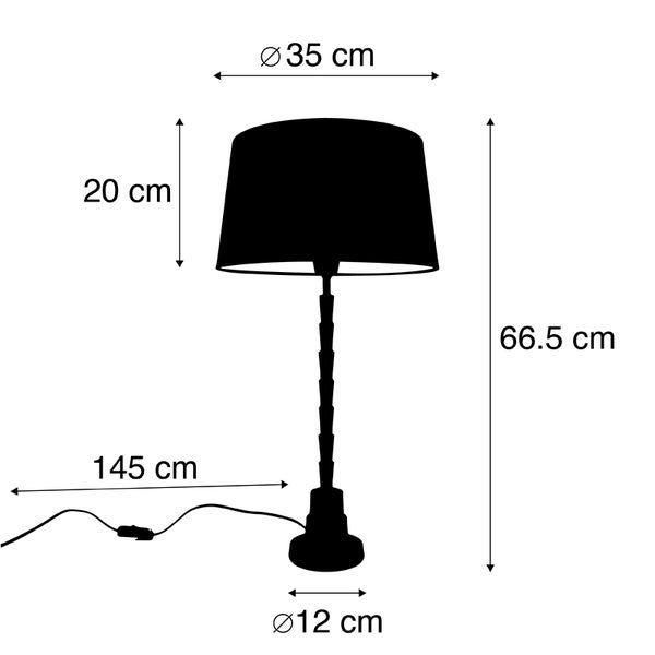 Abmessungen der Tischleuchte: Höhe 66,5 cm, Durchmesser Lampenschirm 35 cm, Höhe Lampenschirm 20 cm, Durchmesser Lampenfuß 12 cm, Kabellänge 145 cm
