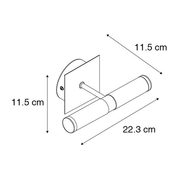 Technische Zeichnung eines Toilettenpapierhalters mit Maßangaben