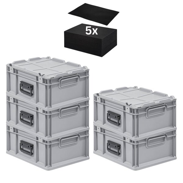 Stapelboxen aus Kunststoff mit Deckel und Schaumstoffeinlage, 5er-Pack