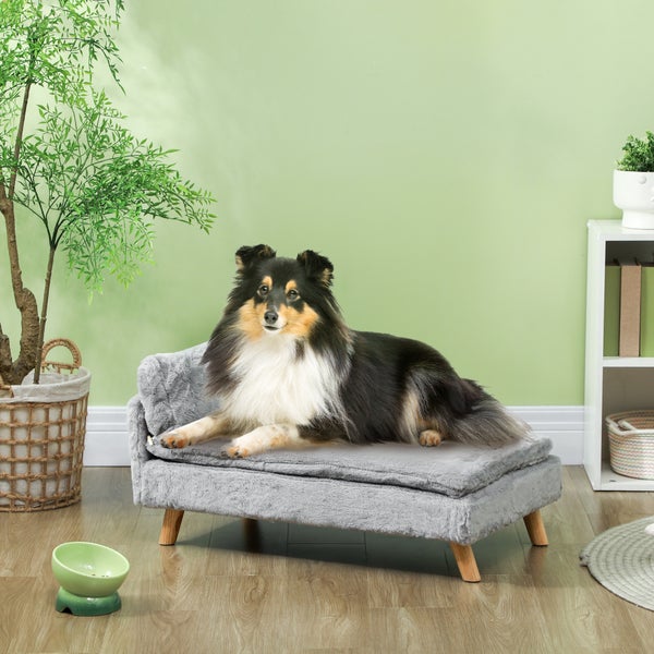 PawHut Hundesofa für mittelgroße Hunde, Hundebett mit abnehmbarem und waschbarem Kissen, Haustiersofa mit Holzbeine, mit Erhöhtem Design, 20 kg, Hellgrau