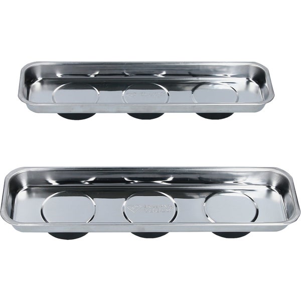 Zwei rechteckige Magnet-Werkzeugschalen aus Edelstahl von Brilliant Tools mit jeweils drei Magneten.