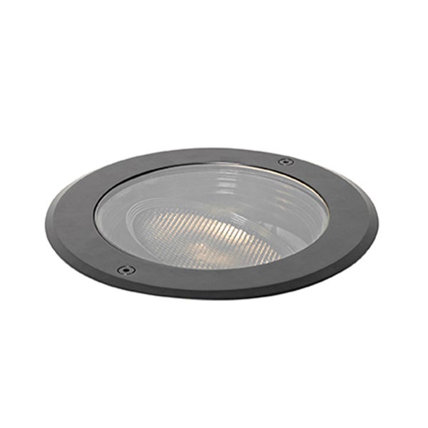 Runder anthrazitfarbener Boden-Einbaustrahler aus Metall mit Klarglasabdeckung.