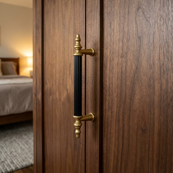 Klassischer Möbelgriff mit geriffeltem schwarzen Mittelteil und goldfarbenen Halterungen auf einer dunklen Holzschranktür in einem Schlafzimmer.