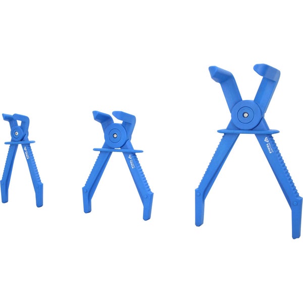 Drei Schlauchklemmen unterschiedlicher Größe.