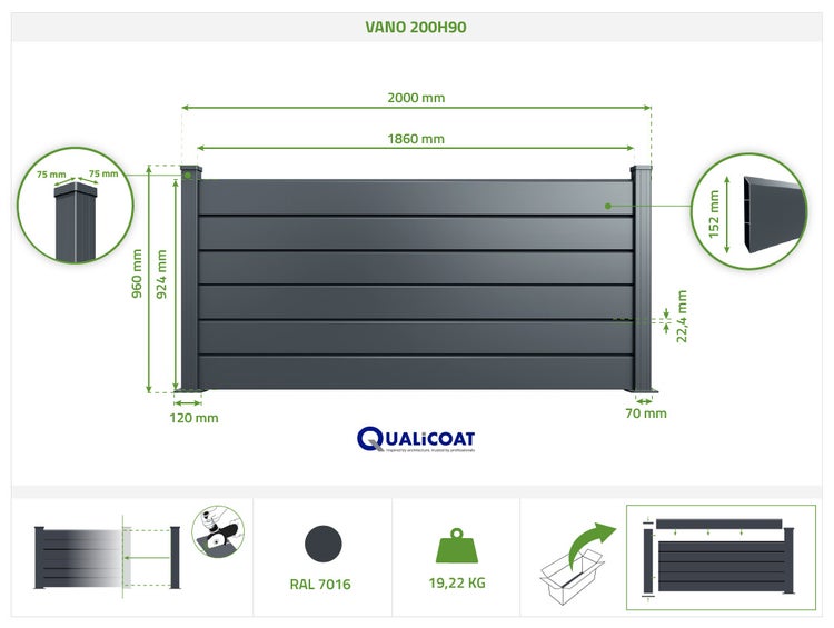 Aluminiumzaun VANO 200H90 in Anthrazit RAL 7016, Maße 2000 mal 960 Millimeter, Gewicht 19,22 Kilogramm, Qualicoat Logo.
