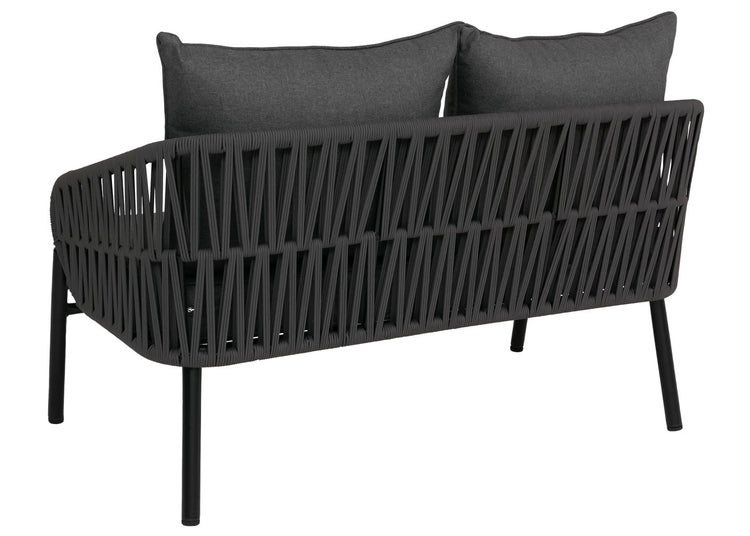 Modernes Zweisitzer Gartensofa mit Seilbespannung und zwei Rückenkissen in Anthrazit, Rückansicht.