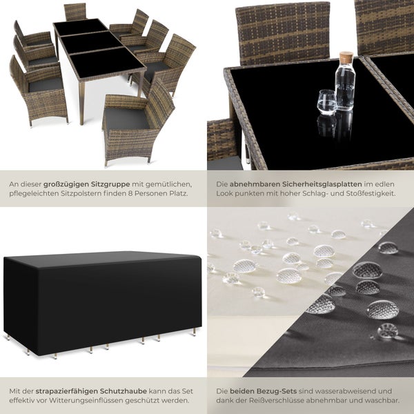 8-Personen-Gartenmöbel-Set aus Polyrattan mit Tisch, Sicherheitsglasplatten, Sitzpolstern mit wasserabweisendem Bezug und einer Schutzhaube.